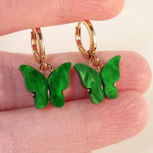 Gold Plated Emerald Green Opal Resin Butterfly Dangle Earrings 12mm Party Gift